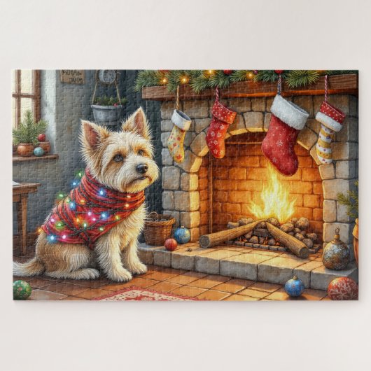 Cairn Terrier zittend bij open haard Kerstverlicht Legpuzzel (Horizontaal)