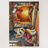 Cairn Terrier zittend bij open haard Kerstverlicht Legpuzzel (Verticaal)