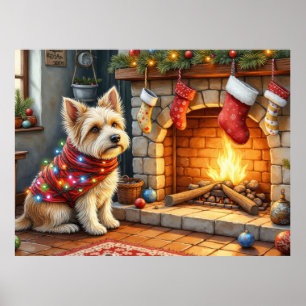 Cairn Terrier zittend bij open haard Kerstverlicht Poster