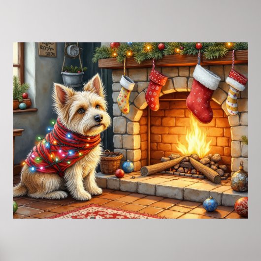 Cairn Terrier zittend bij open haard Kerstverlicht Poster (Voorkant)