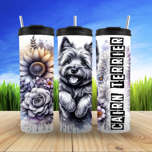 Cairn Terrier's Grayscale Garden Joy Thermosbeker