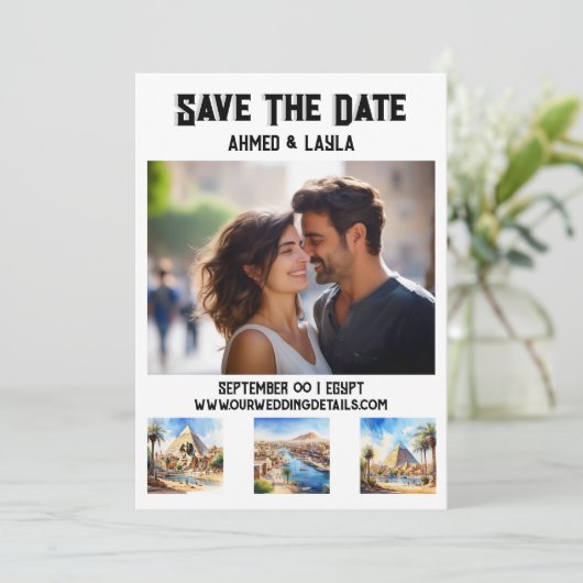 Caïro bruiloft 3 foto waterverf bezienswaardighede save the date (Staand voorkant)