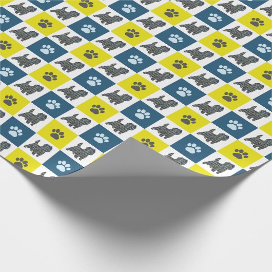 Caïro Terrier Dog & Paw Yellow & Blue Grid Cadeaupapier (Hoek)
