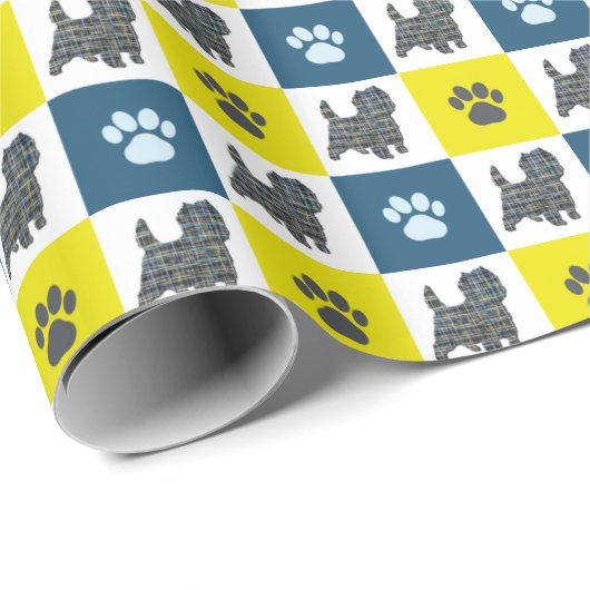 Caïro Terrier Dog & Paw Yellow & Blue Grid Cadeaupapier (Rol Hoek)