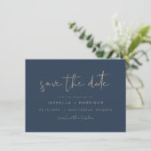 CAITLIN Edgy Navy en Gold Minimal Save the Date Kaart (Staand voorkant)
