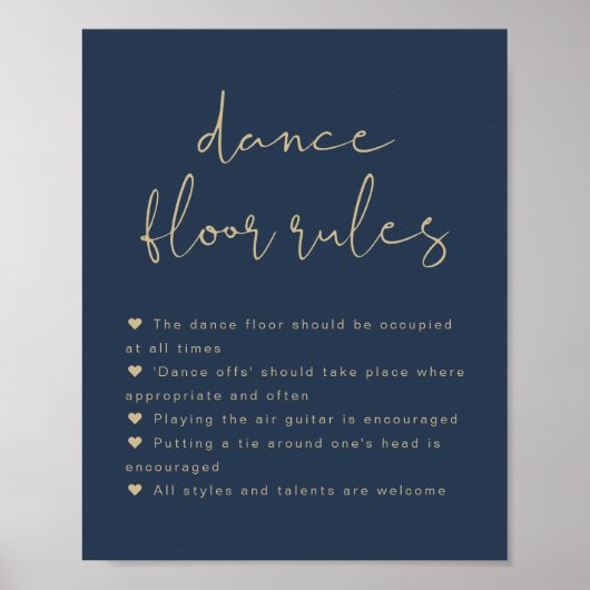CAITLIN Modern Navy Blue Dance Floor Rules Sign. Poster (Voorkant)
