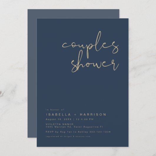 CAITLIN Modern Navy Blue en Gold Couples Shower Kaart (Voorkant / Achterkant)