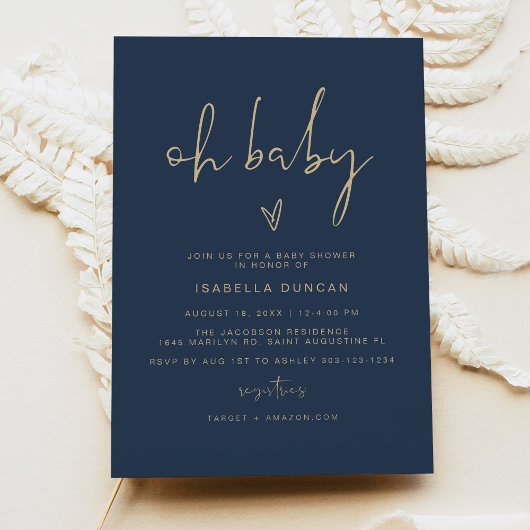 CAITLIN Modern Navy Blue en Gold Oh Baby shower Kaart