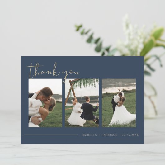 CAITLIN Modern Navy Blue Photo Weddenschap Bedankt Kaart (Staand voorkant)