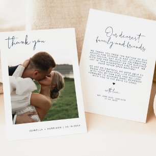 CAITLIN Modern Navy Blue Photo Weddenschap Bedankt Kaart