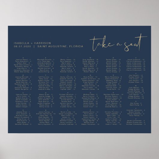 CAITLIN Moderne marine Gold Alfabetical Seating Poster (Voorkant)