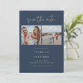 CAITLIN Navy and Gold Photo Save the Date Kaart (Staand voorkant)