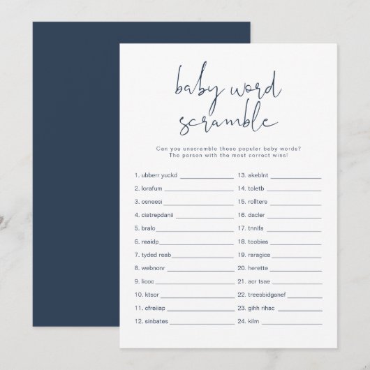 CAITLIN Navy Blue Word Scramble Game Invitation Kaart (Voorkant / Achterkant)