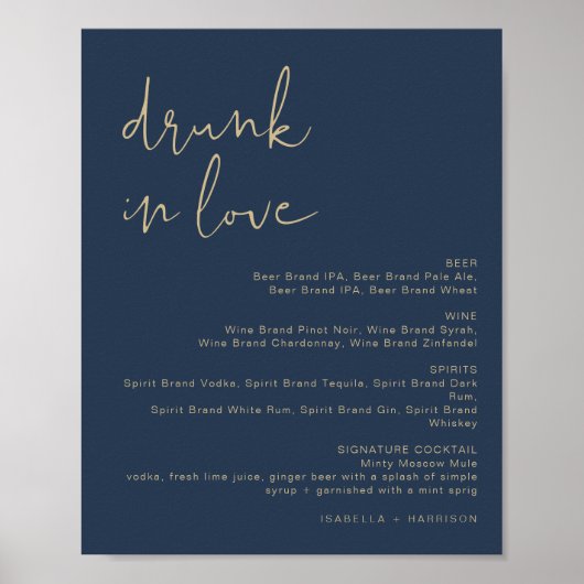 CAITLIN Navy en Goud Drunk in Love Bar Menukaart B Poster (Voorkant)