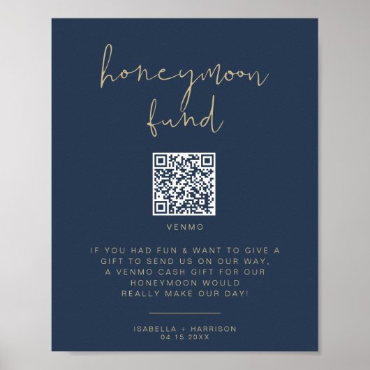 CAITLIN Navy & Gold Honeymoon Fund Weddenschap Poster (Voorkant)
