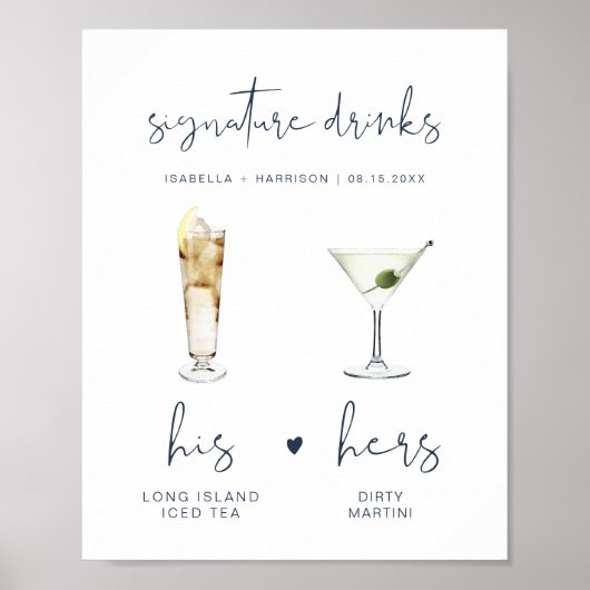 CAITLIN Navy Moderne Signature Drink Bruiloftsbar Poster (Voorkant)
