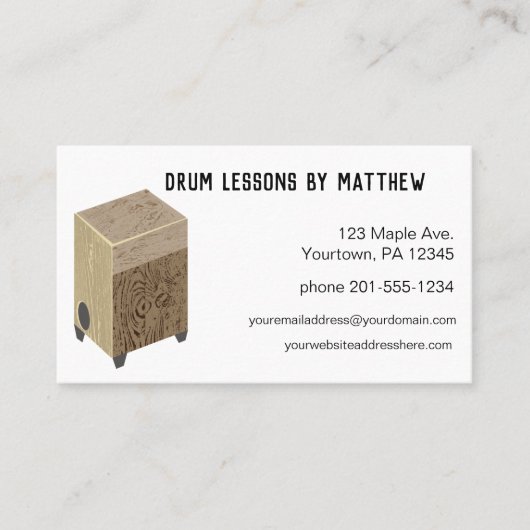 Cajon Drum Music Lessons Visitekaartje (Voorkant)