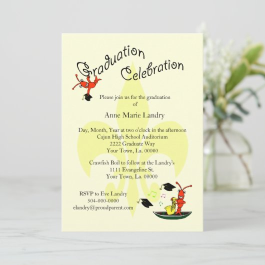 Cajun Crawfish Fleur de Lis Afstuderen Invitation Kaart (Staand voorkant)