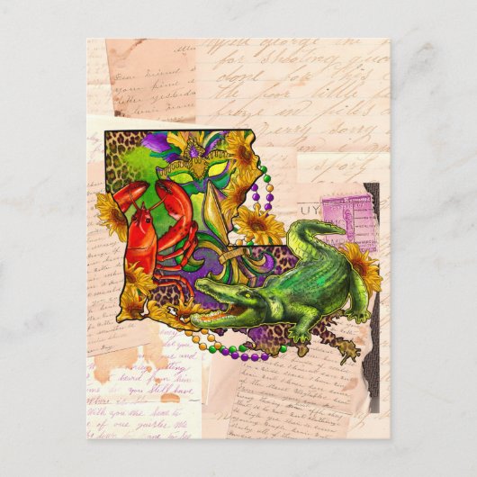 Cajun Louisiana Map Crawfish en Alligator Briefkaart (Voorkant)