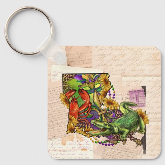 Cajun Louisiana Map Crawfish en Alligator Sleutelhanger (Voorkant)