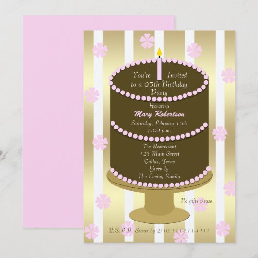 Cake 95e verjaardag Party uitnodiging 95e in roze (Voorkant / Achterkant)