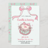 Cake and Bow Coquette Verjaardag Uitnodiging (Voorkant / Achterkant)