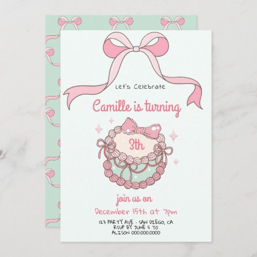 Cake and Bow Coquette Verjaardag Uitnodiging (Voorkant / Achterkant)