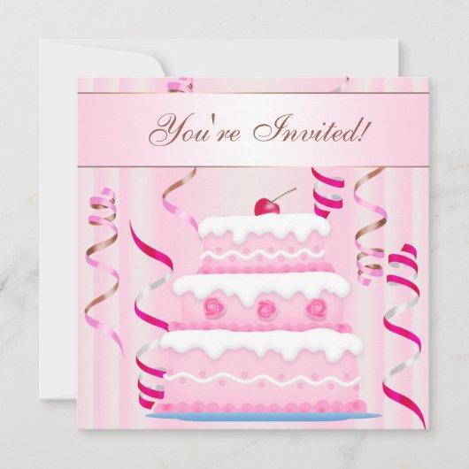 Cake and Streamers Birthday Invite Kaart (Voorkant)