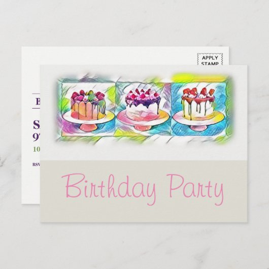 Cake Art Birthday Party Invitation Uitnodiging Briefkaart (Voorkant / Achterkant)