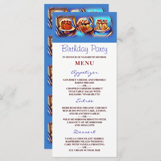 Cake Art Blauw Verjaardagsfeest Menu (Voorkant / Achterkant)