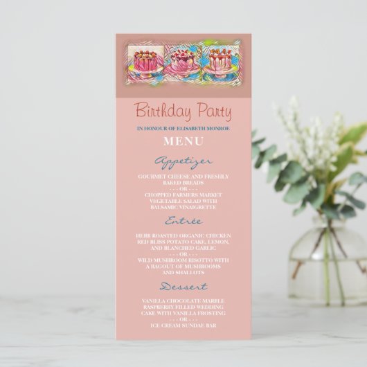 Cake Art Peach Verjaardagsfeest Menu (Staand voorkant)
