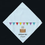 Cake at Colorful Banner on Blue Birthday Boy Bandana<br><div class="desc">Destei's originele cartoon illustratie van een bruine verjaardagstaart met vier kaarsen erop en een kleurrijke bundelbanner boven de cake. De achtergrondkleur is lichtblauw. Eén aanpasbaar tekstgebied leest: "Birthday Boy" terwijl er op een andere plaats is voor een naam.</div>
