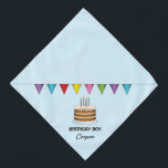 Cake at Colorful Banner on Blue Birthday Boy Bandana<br><div class="desc">Destei's originele cartoon illustratie van een bruine verjaardagstaart met vier kaarsen erop en een kleurrijke bundelbanner boven de cake. De achtergrondkleur is lichtblauw. Eén aanpasbaar tekstgebied leest: "Birthday Boy" terwijl er op een andere plaats is voor een naam.</div>