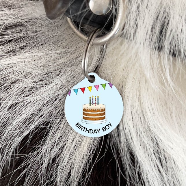 Cake at Colorful Banner on Blue Birthday Boy Huisdierpenning (Creator heeft geüpload)