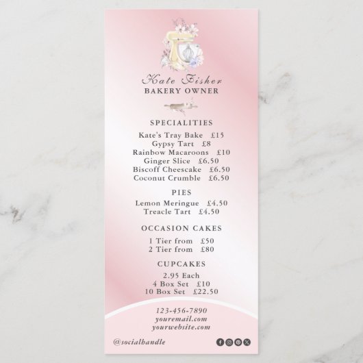 Cake Bakery Chef Blush Pink Cafe Prijslijst Menu (Achterkant)