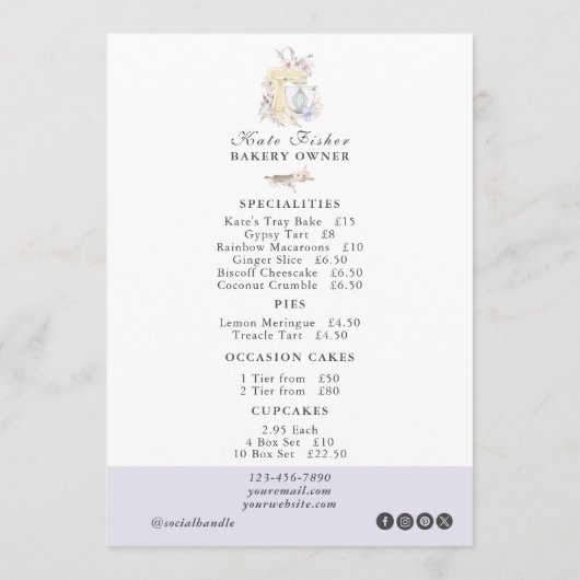 Cake Bakery Chef Waterverf Flat Menu Prijslijst (Achterkant)