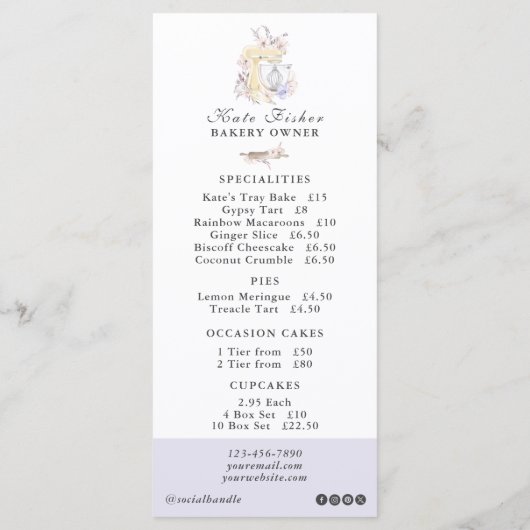 Cake Bakery Chef Waterverf Flat Menu Prijslijst (Achterkant)