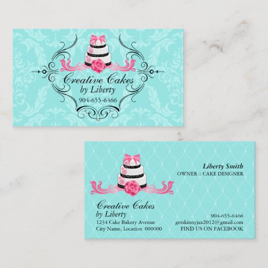 Cake Bakery Damask Aqua Pink Visitekaartje (Voorkant / Achterkant)