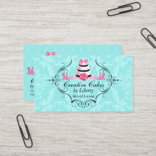 Cake Bakery Damask Aqua Pink Visitekaartje (Voorkant / Achterkant in situ)