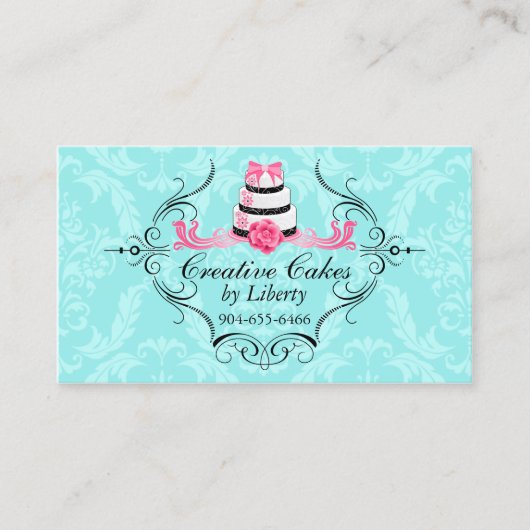 Cake Bakery Damask Aqua Pink Visitekaartje (Voorkant)