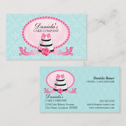 Cake Bakery Damask Aqua Pink Visitekaartje (Voorkant / Achterkant)