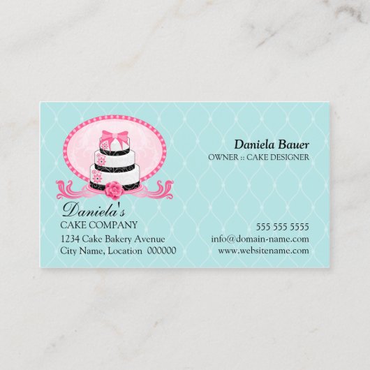 Cake Bakery Damask Aqua Pink Visitekaartje (Achterkant)