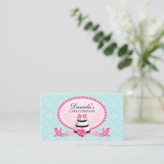 Cake Bakery Damask Aqua Pink Visitekaartje (Staand voorkant)