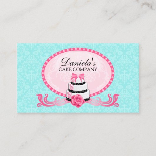 Cake Bakery Damask Aqua Pink Visitekaartje (Voorkant)