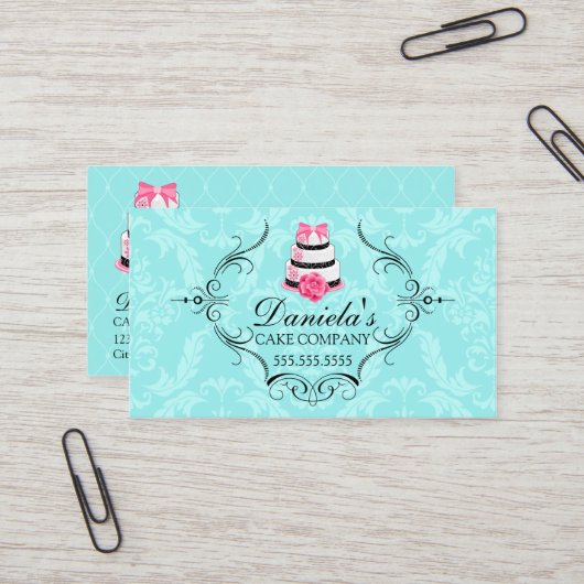 Cake Bakery Damask Aqua Pink Visitekaartje (Voorkant / Achterkant in situ)