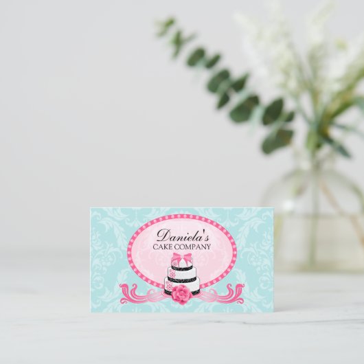 Cake Bakery Damask Aqua Pink Visitekaartje (Staand voorkant)