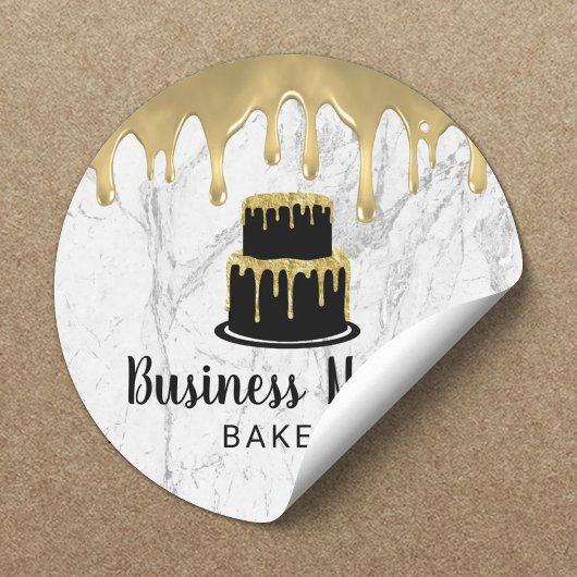 Cake Bakery Gold Drip Modern White Marble Ronde Sticker