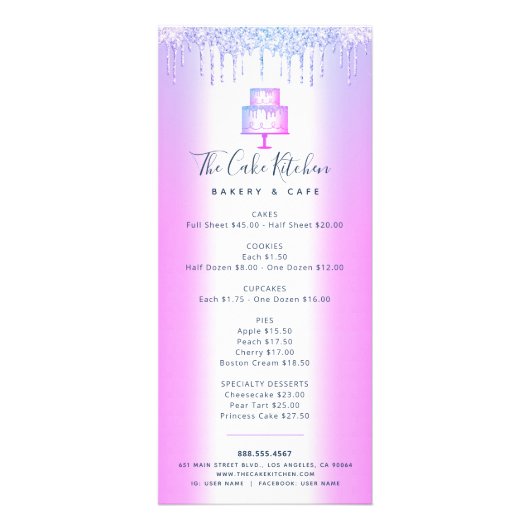 Cake Bakery Paars Glitter Drift Pastry Chef Menu (Voorkant)