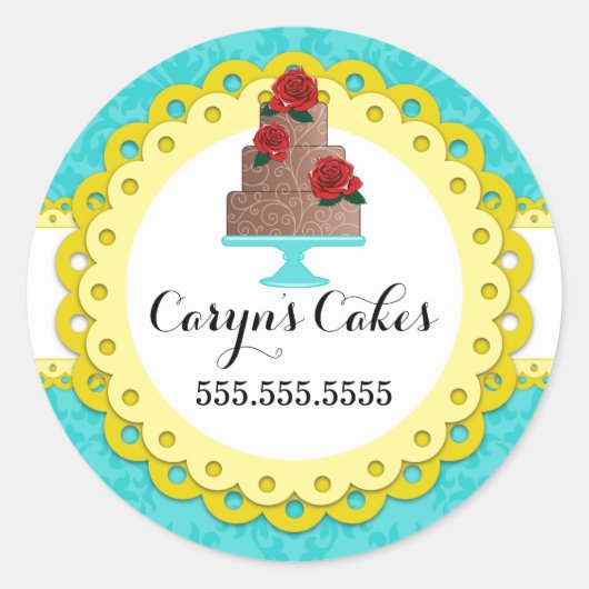 Cake Bakkerij Damask Gele Scallop Seals Ronde Sticker (Voorkant)