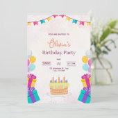 Cake & Balloons Birthday Invitation, Kids Birthday Kaart (Staand voorkant)